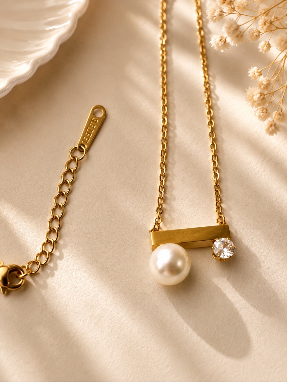 Gold Plated Pearl & Crystal Bar Necklace - Women Jewelry Stainless Steel